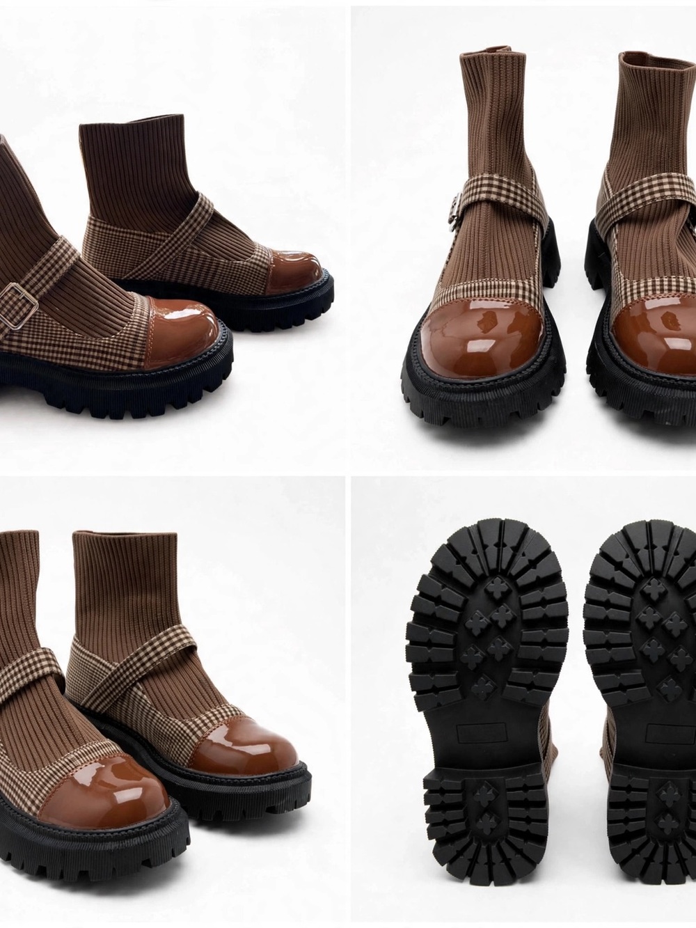 Brown Knit Sock Mary Jane Platform Boots -